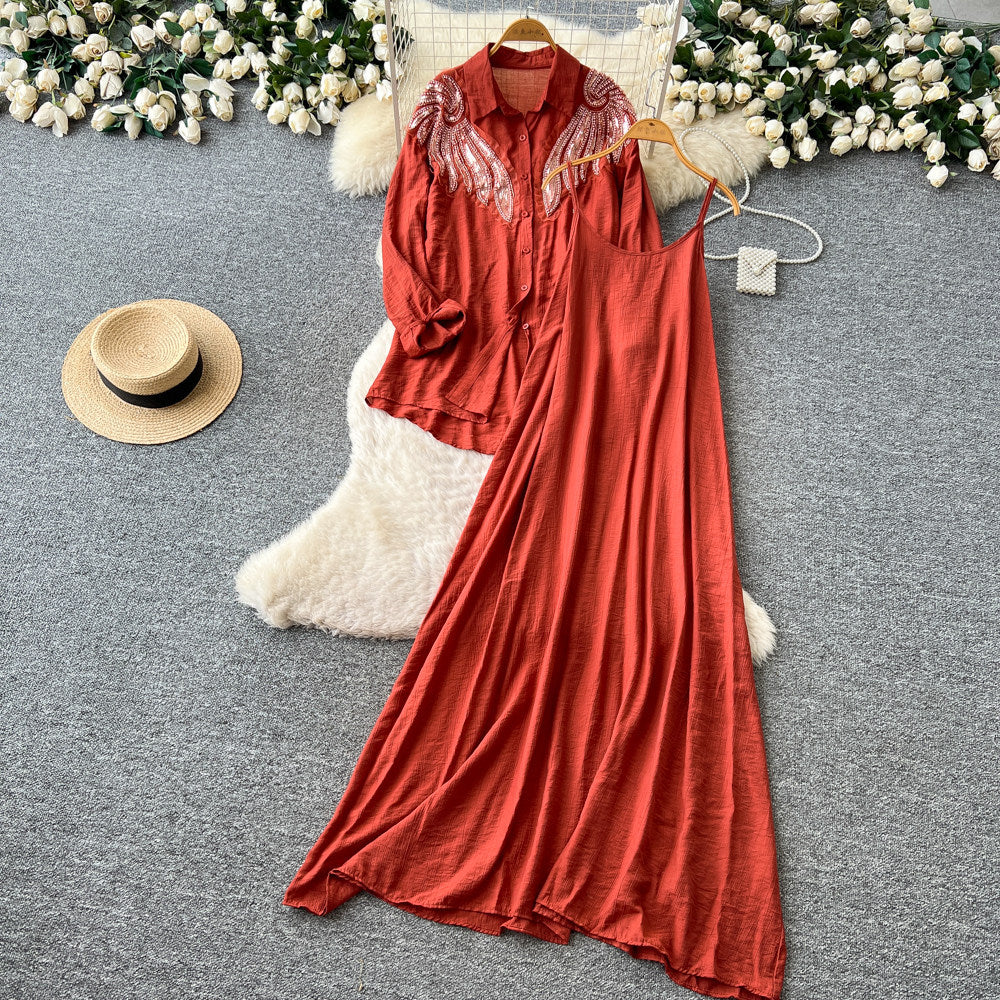 French lazy style heavy industry embroidered beaded lapel shirt suspender dress for women 2026autumtwo-piece setelegantslimming look