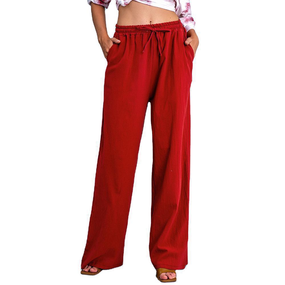 spring/autumn  hot-selling elastic waist cotton linen versatile straight-leg wide-leg casual pants (us/eu cross-border)