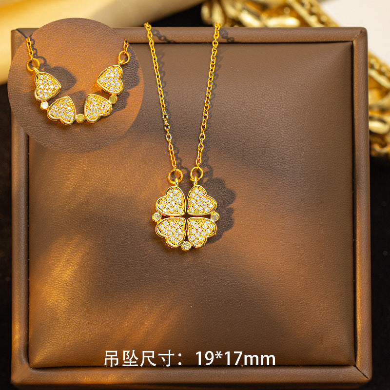 Copper inlaid with zirconium, a popular model with multiple diamonds, heart four-leaf clover necklace for women, niche stylefashionaccessible luxury clavicle chain jewelry