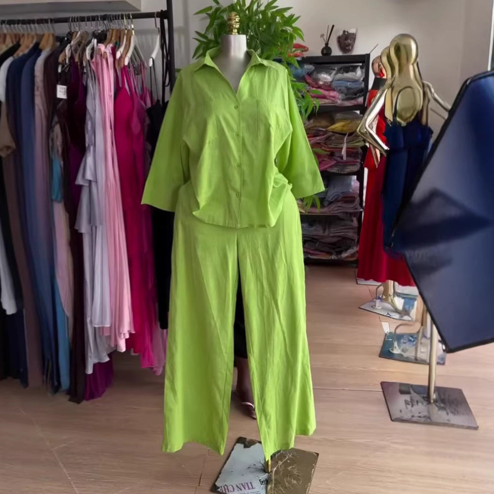 European and american cross-border women's fashion:  summer new collection - solid color, relaxed fit, turn-down collar shirt and wide-leg pants casual set