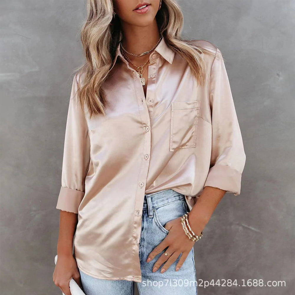 spring/summer solid color long-sleeve blouse: elegant commute style with turn-down collar, european and american fashion solid color cardigan, satin shirt