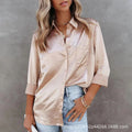 spring/summer solid color long-sleeve blouse: elegant commute style with turn-down collar, european and american fashion solid color cardigan, satin shirt