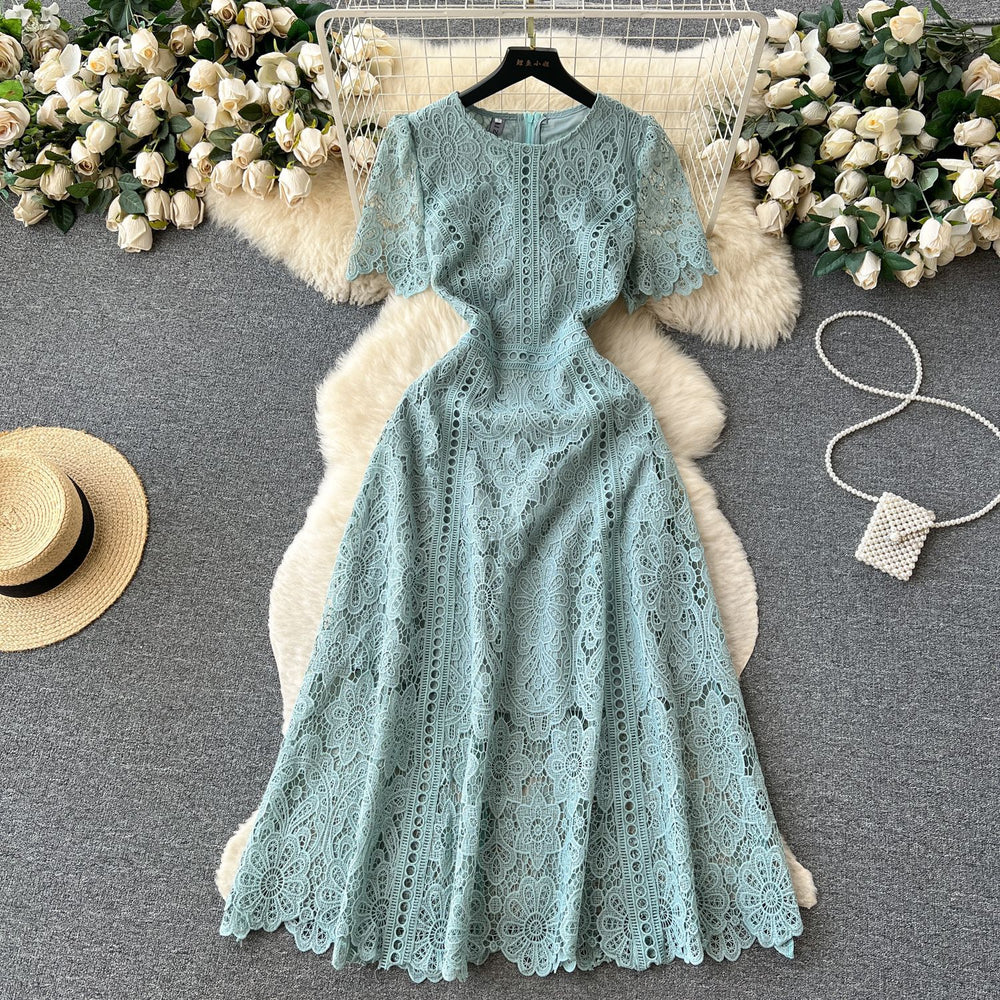 Niche styleretroclassy round neck lotus leaf sleeve lacedress female summernew arrivalslimming lookeleganceelegance long skirt