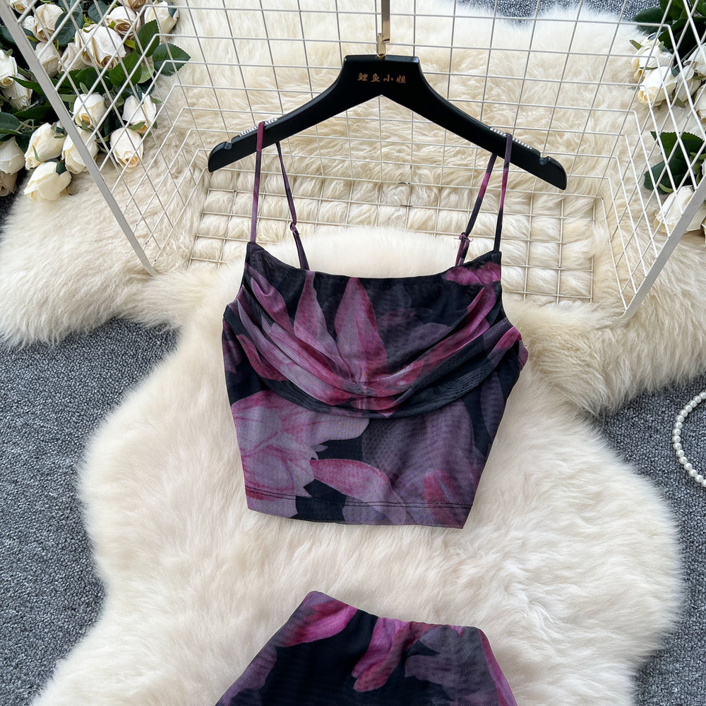 Pure desire suit women's summer classy swing collar suspender printing vest high waist hip cover skirt vacation two-piece set