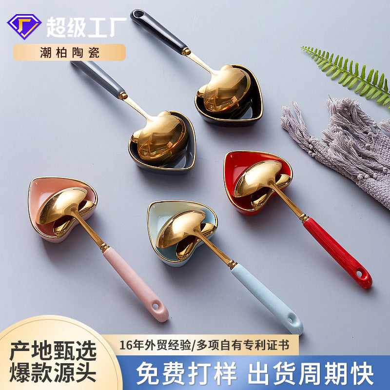 Household large soup spoon long handle hot pot colander set stainless steel popular scandinavianaccessible luxury style emerald spoon