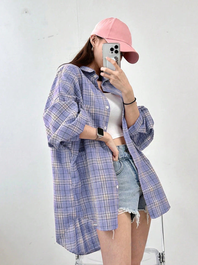 European and american cross-border  spring versatile commute collared long-sleeve loose fit designer plaid pocket women's blouse
