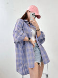 European and american cross-border  spring versatile commute collared long-sleeve loose fit designer plaid pocket women's blouse