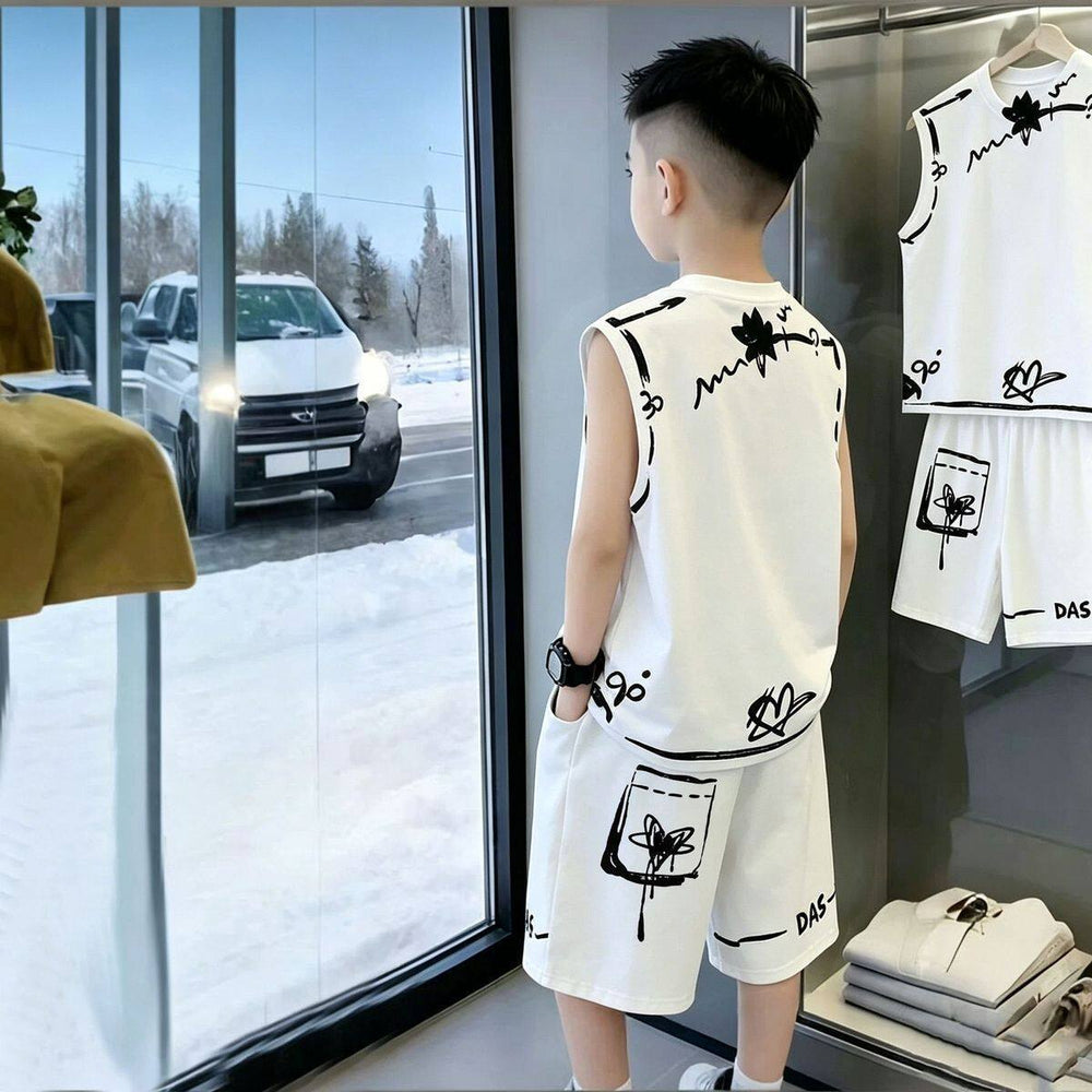 Kids' vest set:  new summer collection for boys - stylish sleeveless outfit for mid-to-large children, trendy two-piece summer set