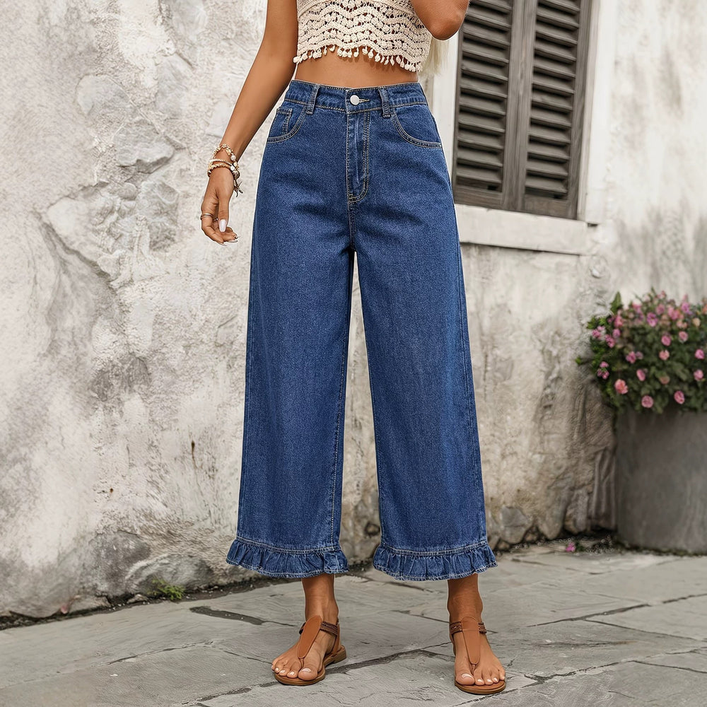 Fashionjeans women's high waistruffles nine-point wide-leg jeans with elastic waist loosedrapedexport
