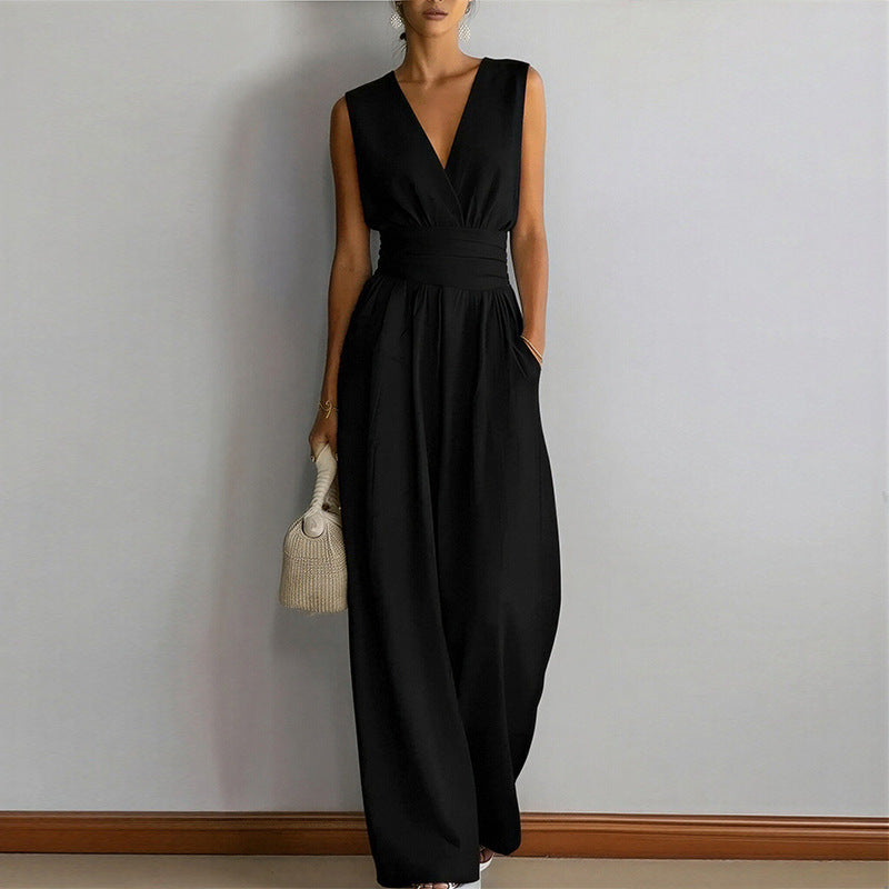 summer new women's clothing - cross-border  us & europe - fashionable casual solid color cinched waist sleeveless jumpsuit