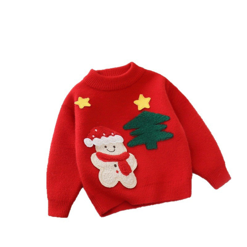Girls' stylish red sweater with snowman, star, and christmas tree design - thickened, warm, festive new year outfit for winter, perfect for new year's day performances