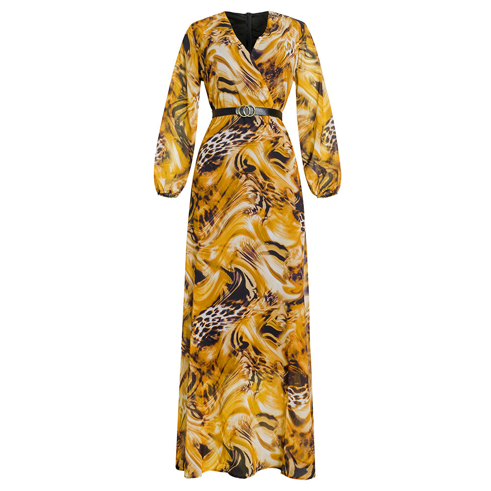 Aliexpress  fashion africa cross-border supply plus size women's clothing printingv neck light mature a large swing chiffon dress