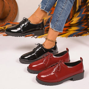 Plus size lace-up leather loafers for women - autumn  new collection - square heel single shoes - british style glossy loafers