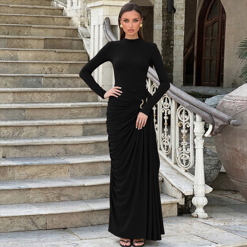 european and american women's clothing  winter new collection solid color long sleeve crew neck metallic embellished pleated bodycon dress