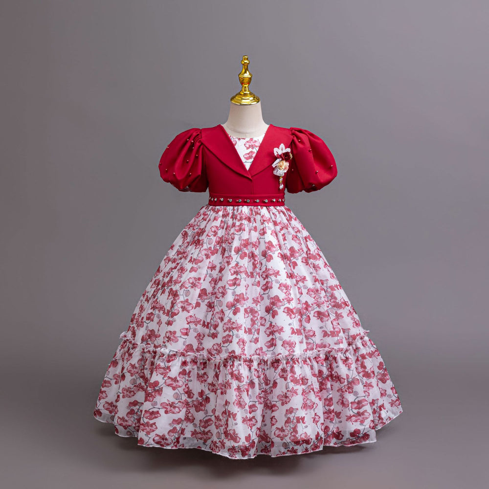 New wholesale children's dress, puff sleeve chiffon floral princess dress, girls' birthday dress, kids dress