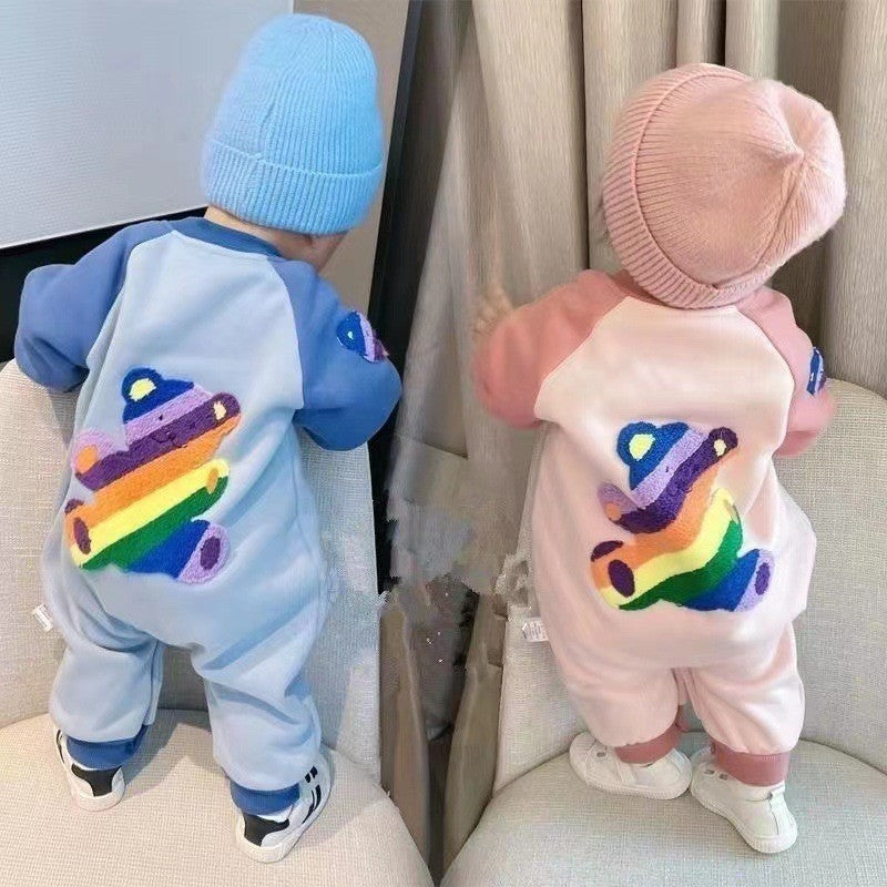 Baby spring romper - versatile princess style, perfect for spring and autumn. girls' colorful bear single-layer bodysuit/rouge. trendy crawling suit