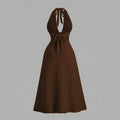 fashion women's deep v neck sleeveless tie back backless silm slit textured retro long skirt