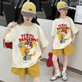 Girl's influencer two-piece set:  new summer outfit, short sleeve top and shorts, trendy casual set for girls