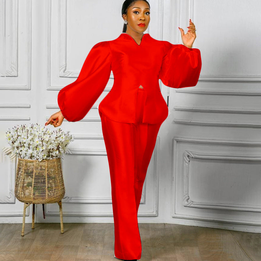 D3069  solid color bubble sleeve top and wide-leg pants two-piece set - european and american style fashion cross-border outfit