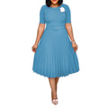 Belted european and american style new summer  round neck midi pleated skirt plus size african cross-border dress