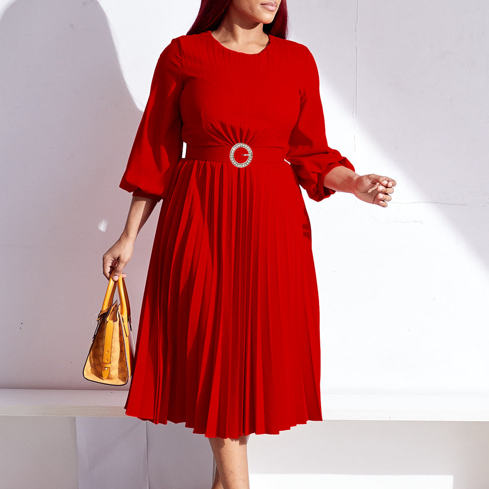 C8553 cross-border  women's fashion  autumn new arrival solid color pleated loose fitted waist round neck african dress