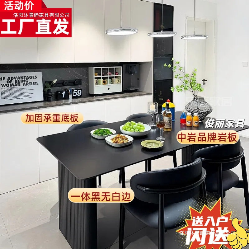 Italian-style black rock slab dining table set for small spaces - minimalist modern home furniture