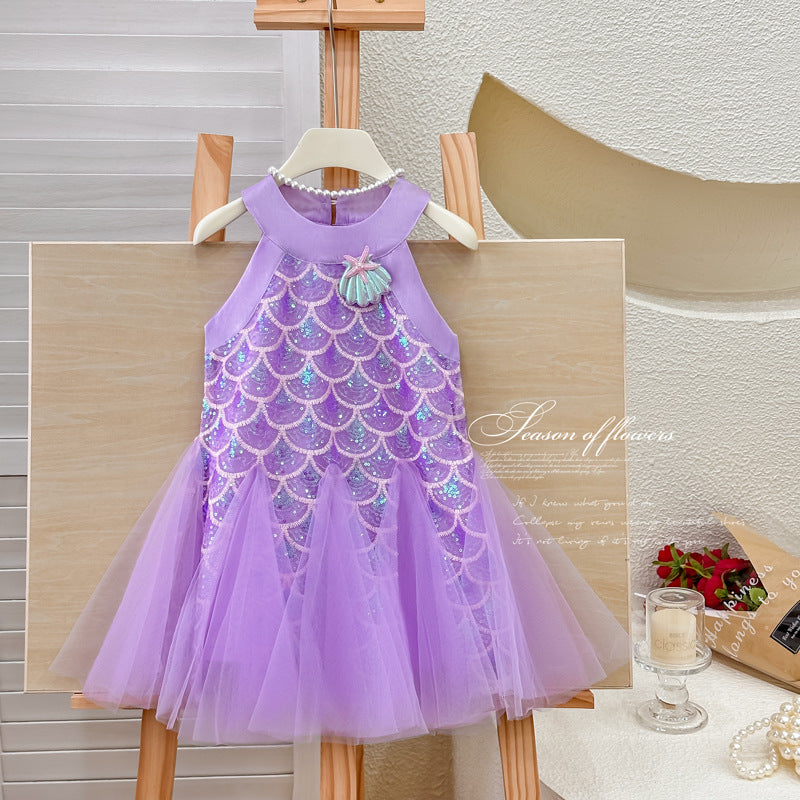 Girls' mermaid dress summer outfit  new style halter sequin fishtail sundress