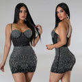 C6368 cross-border   fashion women's mesh rhinestone sleeveless camisole mini dress