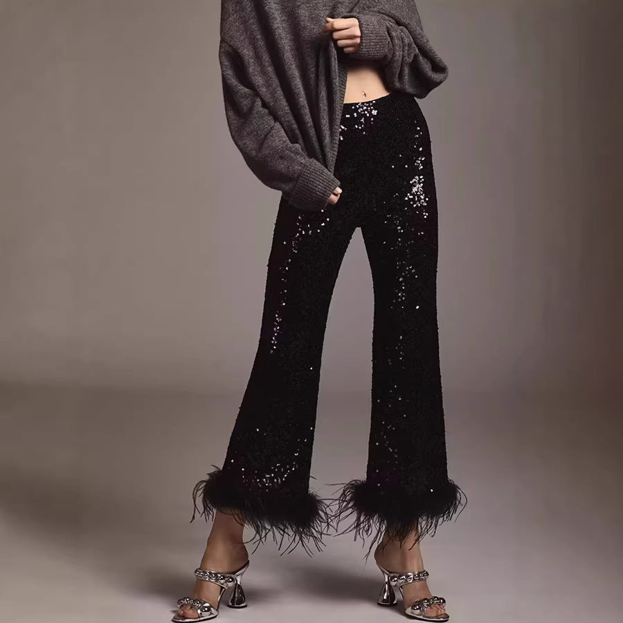 slimming independent station  european and american women's clothing sequinpants raw edge decoration fashion low waist nightclub pants