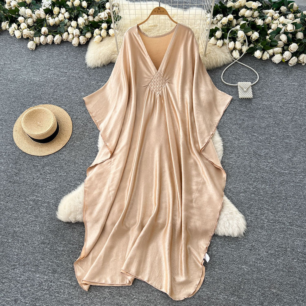 European and american fashion deep v-neck batwing sleeve dress - women's  summer loose fit, slimming, oversized, flattering, and long dress