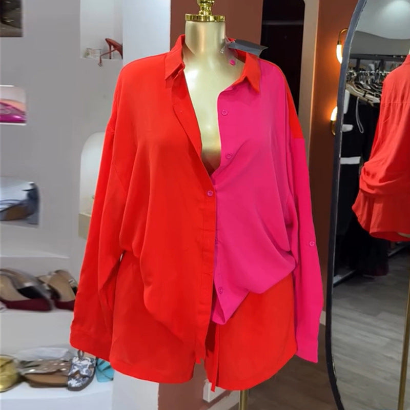 European and american cross-border women's fashion  autumn new casual turn-down collar color block single-breasted button shirt and high-waisted shorts set