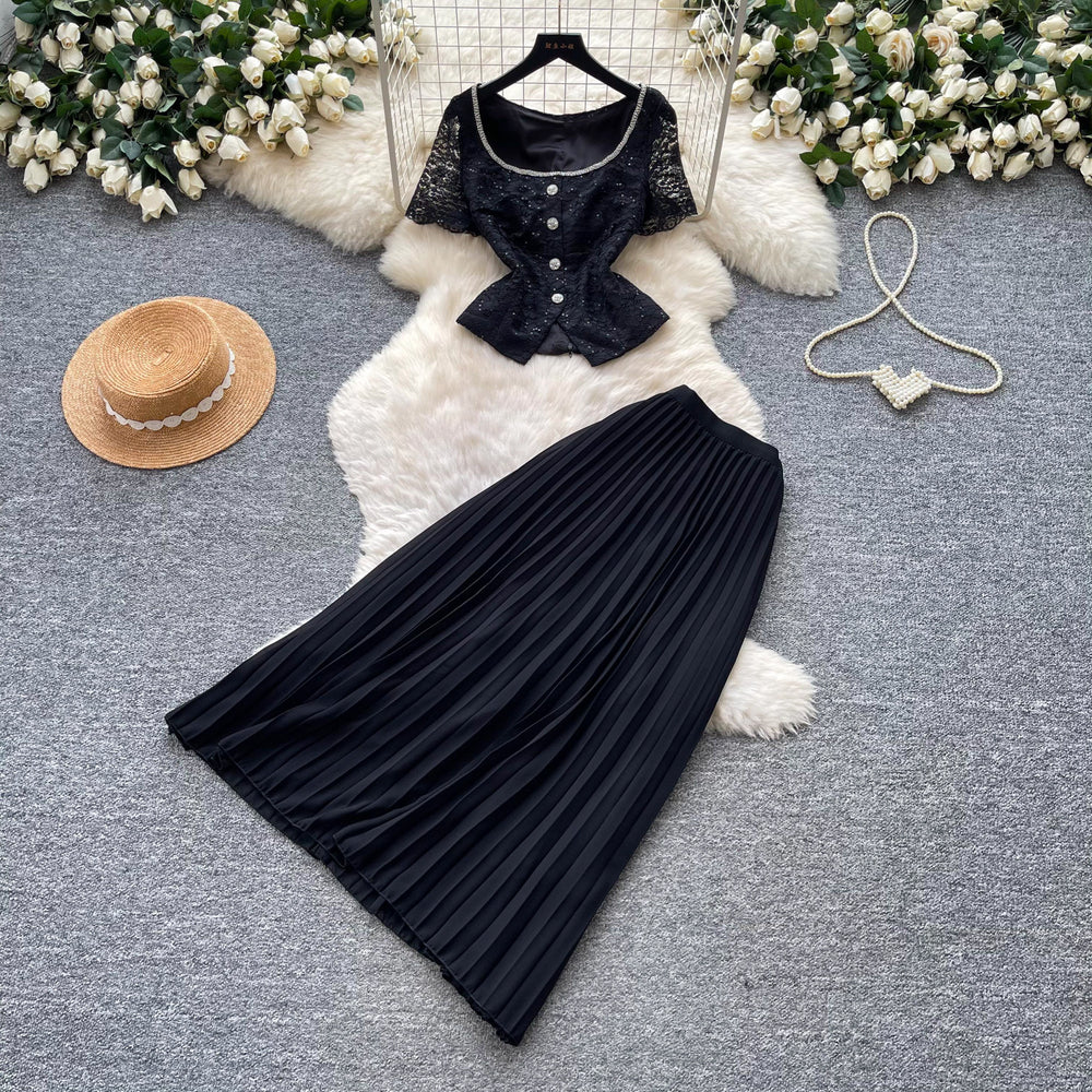 French chic lace v-neck tank top & high-waisted pleated skirt set - elegant & sophisticated summer two-piece