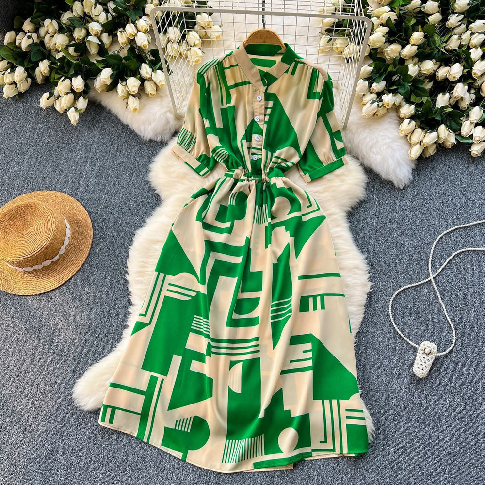 Niche stylesense of designprintingdressfemalenew arrivalsummer tie backwaist slimming lookmedium longvacation skirt