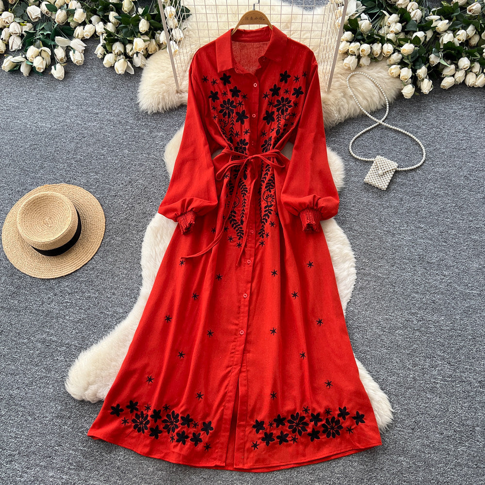 K-stylefloralsembroider silm type dress women's summerlong sleeves lapel waist slimming look a-line skirt work clothingelegant skirt