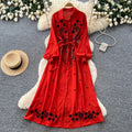 K-stylefloralsembroider silm type dress women's summerlong sleeves lapel waist slimming look a-line skirt work clothingelegant skirt