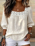 european and american cross-border lace square neck top - puff sleeve, cutout detail, soft cotton linen short sleeve - women's export fashion
