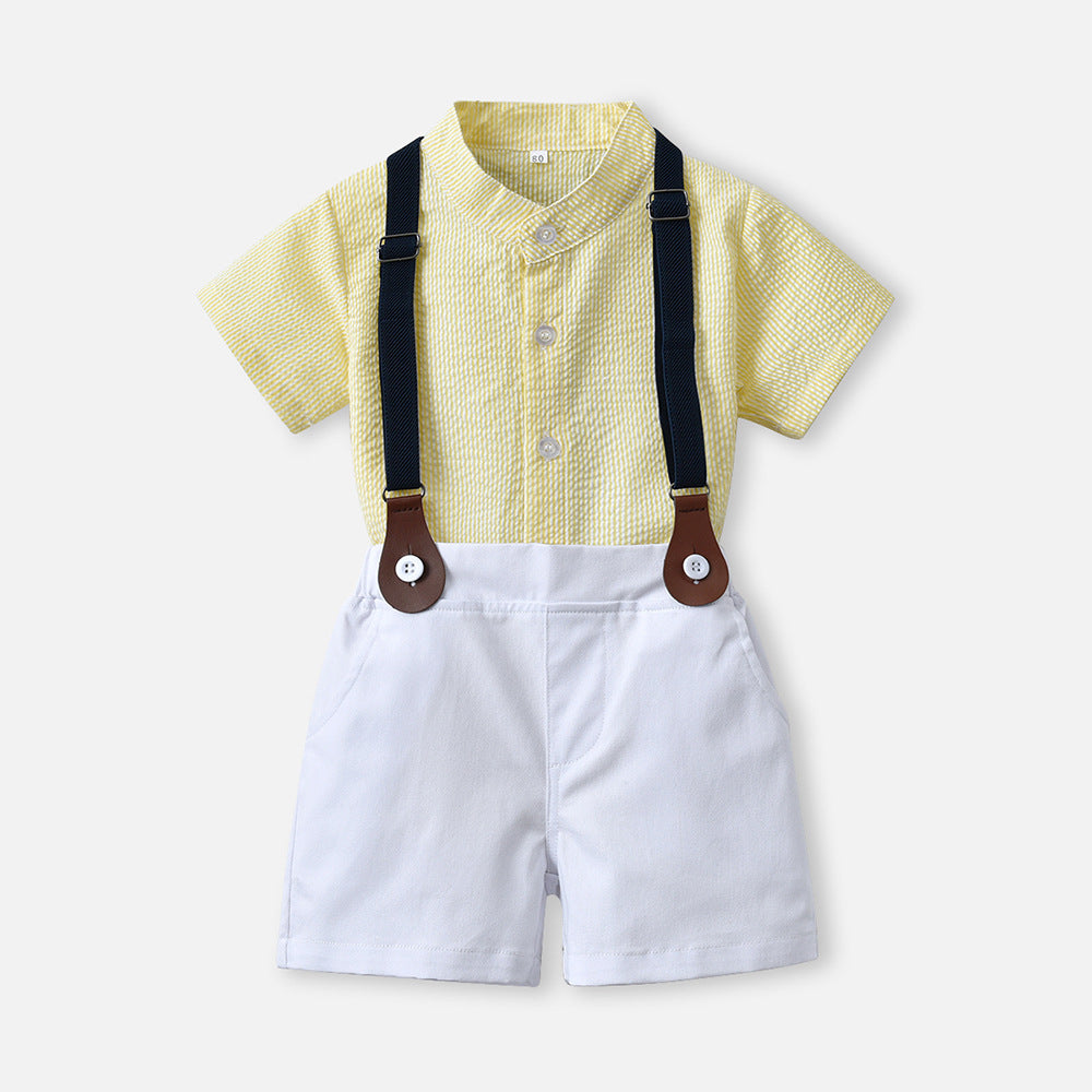 Summer boys' new export style striped bubble cotton short-sleeved shirt and overalls set, korean style children's formal wear