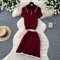 Preppy style polo collar knittingtwo-piece set female summerwork clothing styleslimming look short-sleeved topselegant skirt suit