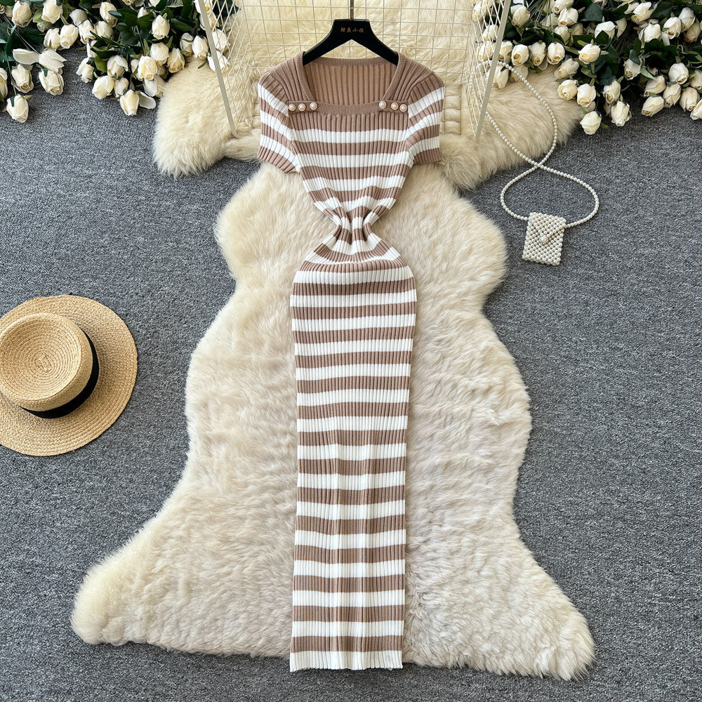 Korean style blue and white striped square neck knitted dress - women's summer short sleeve high waist a-line dress - commuter chic, slimming fit