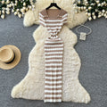 Korean style blue and white striped square neck knitted dress - women's summer short sleeve high waist a-line dress - commuter chic, slimming fit