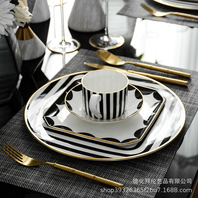 Minimalist nordic gold-trimmed western dinner plate creative tableware ceramic model room club steak plate black and white geometric set