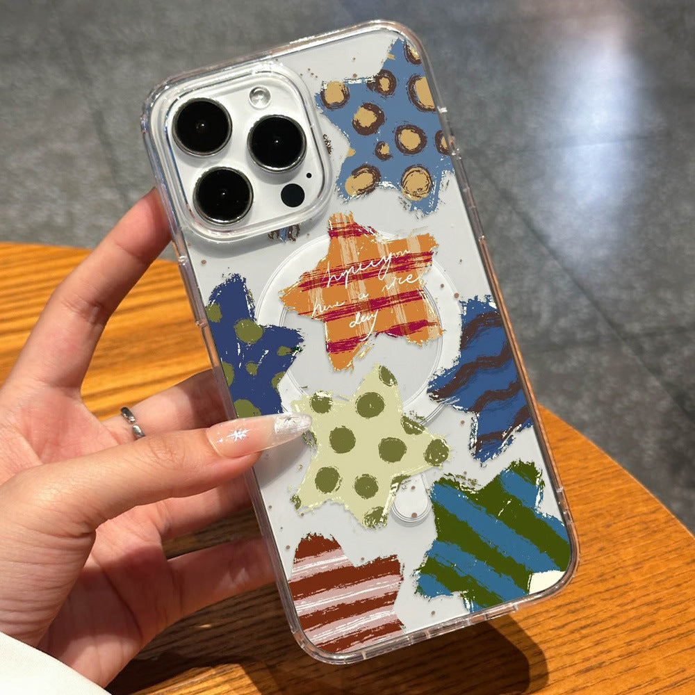Doodle star polka dot iphone 17 case, apple 16 pro max magnetic shockproof transparent soft case 15
