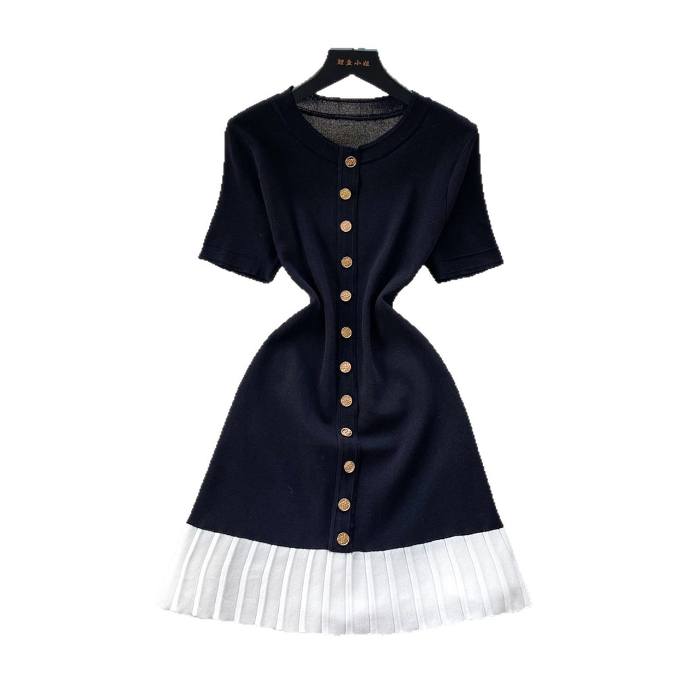 French chic sweet knit round neck dress - women's summer high-end black short sleeve ruffle hem work dress