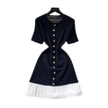 French chic sweet knit round neck dress - women's summer high-end black short sleeve ruffle hem work dress