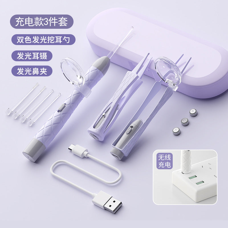 New arrival rechargeable light-emitting ear spoon suit nose pick ear pick earwax baby battery light buckle ear pick suit