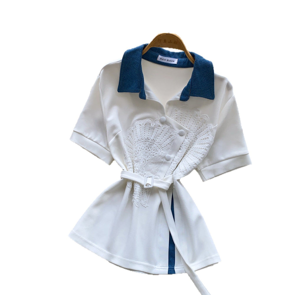 K-style doll collar loosecomfortable breathable short-sleeved shirt women's work clothing style lacepatchworksense of design waist tops