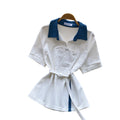 K-style doll collar loosecomfortable breathable short-sleeved shirt women's work clothing style lacepatchworksense of design waist tops