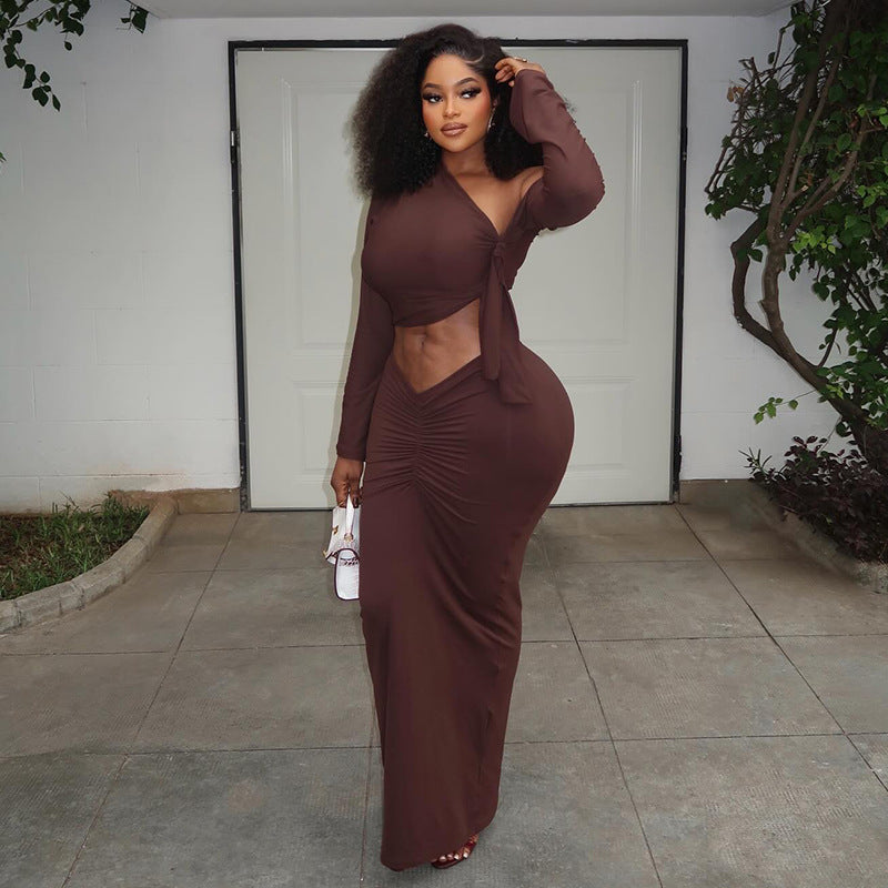 European and american style cross-border fashion women's pleated bodycon skirt set - solid color, asymmetrical neckline, long sleeve, one-shoulder tight dress
