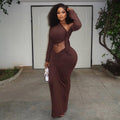 European and american style cross-border fashion women's pleated bodycon skirt set - solid color, asymmetrical neckline, long sleeve, one-shoulder tight dress