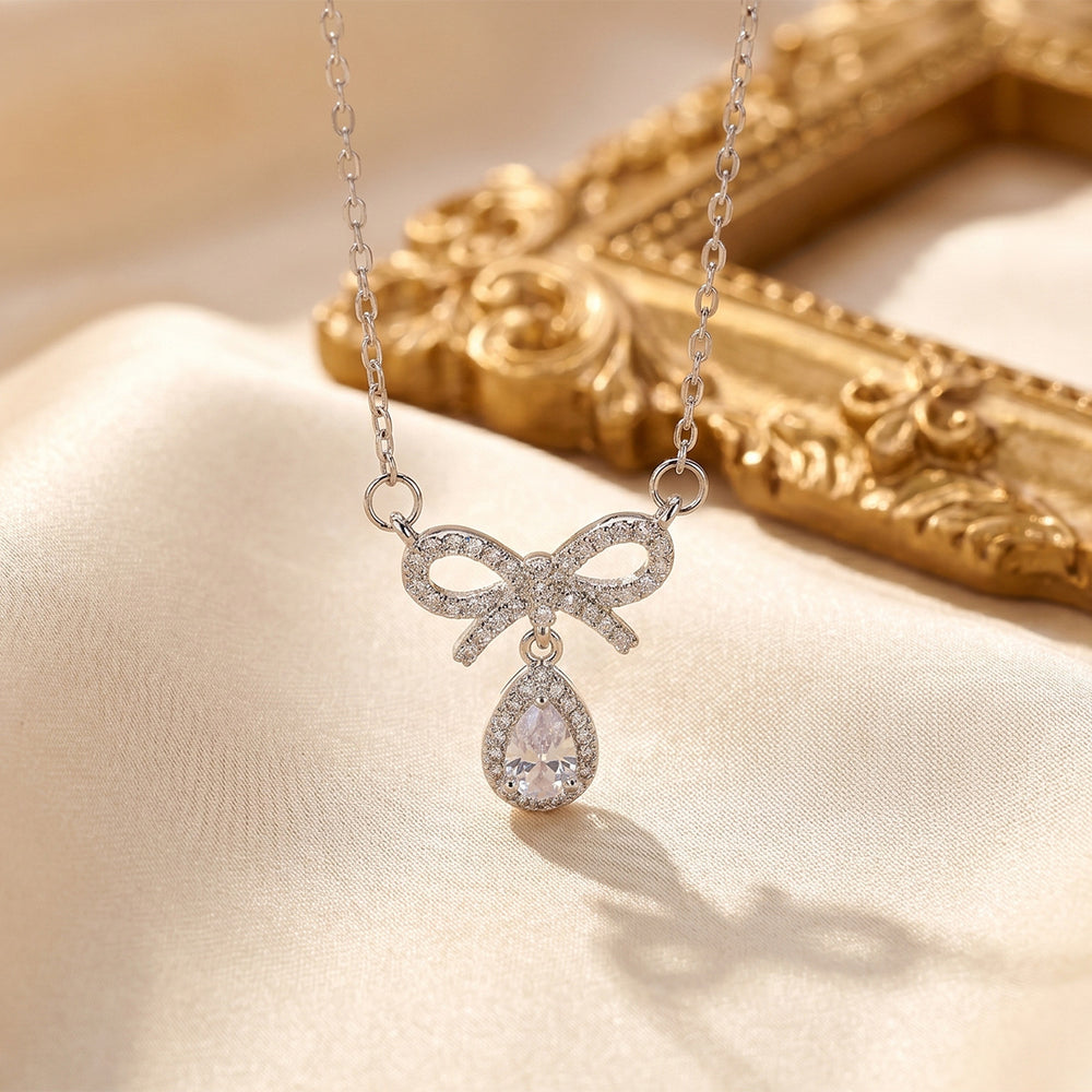 Popular popular smart sweet bow water drop necklace accessible luxury niche women's inlaid zirconium non-fading clavicle chain jewelry